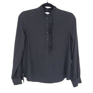 Lark & Ro womens 4 black half button up ruffle trim long sleeve blouse